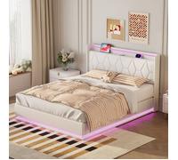Lit coffre 160 x 200 avec sommier lit 2 personnes avec LED et USB lit double lit 140x200 avec sommier à lattes bois velours blanc