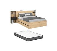 Lit coffre 160 x 200 cm avec chevets - Coloris : Naturel et noir + Matelas - LUDARO