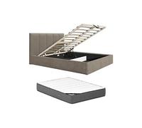 Lit coffre 160 x 200 cm avec tête de lit coutures verticales - Tissu - Taupe - Avec matelas Premium - KILACLO