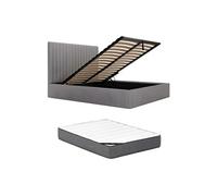Vente-unique - Lit Coffre 160 x 200 cm avec tête de lit Coutures Verticales - Velours côtelé - Gris + Matelas - Sarah