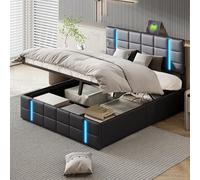 Lit Coffre 160 x 200 cm, lit 2 Personnes, Bed Double Capitonné avec Éclairage LED et USB et Tête de Lits, Fonction de Charge, Lits 160x200 avec Sommier à Lattes, PU sans Matelas (Noir-041)