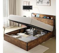 Lit Coffre 160 x 200 cm, Sommier Relevable Hydraulique Grand Espace de Rangement, Tête de Lit avec Prises USB et Double Prises, Cadre de Lit Double en Bois Industriel, Montage Facile, Marron Foncé