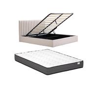 Lit coffre 160 x 200 cm - Tissu - Beige + Matelas - SARANELI
