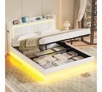 Lit Coffre 160x200 à LED, Lits Hydraulique avec Multiprise, Tête de Lit Capitonnée avec Étagère Ouvertes, Lits Double avec Rangement Spacieux, Lattes en Bois, Litss 160 x 200 avec Sommier, PU Blanc