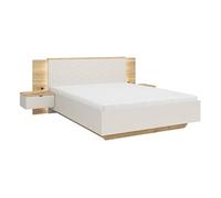 Lit coffre 160x200 avec 2 chevets à LED+USB , coloris Chêne mauvella/Beige - Longueur 310,5 x Profondeur 167 x Hauteur 110/42,5 cm - -