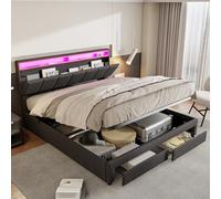 lit Coffre 160x200 avec Éclairage LED et Port USB,lit Hydraulique avec Étagères Ouvertes et Rangement Caché en Tête de Lit Capitonné,lits 2 personnes avec 2 tiroirs et sommier à Lattes,Velours