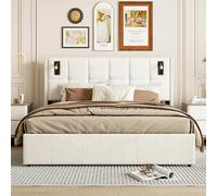 lit Coffre 160x200 avec Éclairage LED, lit Hydraulique avec Tete de Lit, clous décoratifs, cloutée en laiton, Lits 2 Personnes avec Sommier à Lattes Velours, sans Matelas, Gris (Beige, 160x200 cm)