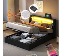 Lit Coffre 160x200 avec LED et USB C, Sommier, Lit 2 Personnes Adulte, Tête de Lit de Chargement, Lecteur Bluetooth, PU, Noir