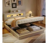 Lit Coffre 160x200 avec LED,Lit 2 Personnes avec Tête de Lits Capitonnée et Rangement,Lits Double avec sommier à Lattes pour Adulte Adolescent,Cadre De Lit Rembourré Hydraulique,Beige Velours