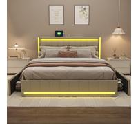 Lit Coffre 160x200 avec Led,LIT Capitonné avec 4 Tiroirs LIt Rembourré avec Ports de Chargement USB et Type-C Sur La Table de Chevet lits Double Rembourré Lits 2 Personnes (Beige+lin-A, 160x200)