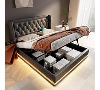 Lit Coffre 160x200 avec Sommier et LED et Port USB de Type C, Lit Double 160x200 avec Rangement et Tête de lit et à Lattes, PU Lit Capitonné 160x200 Lit 2 Personnes, Noir (sans Matelas, 160x200cm)
