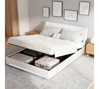 Lit Coffre 160x200 avec Sommier LED, Lit 2 Places Rembourré avec Multiprise et Fonction de Rangement Hydraulique, Tête Réglable en Hauteur, Cadre de Lits pour Adulte et Adolescents, Sans Matelas,Lin