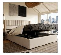 Lit coffre 160x200 cm,à rangement hydraulique,Tête de lit rembourrée,lit double avec sommier à lattes, adapté aux adultes,Lin Beige