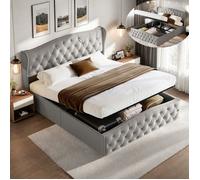 Lit coffre 160x200 cm avec sommier à lattes, Lit double 160x200 cm avec décoration de rivets, hydraulique,tissu en velours, Gris