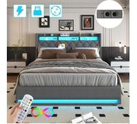 Lit Coffre 160x200 cm avec sommier - NHHF - avec LED et USB, Lit double Rangement Hydraulique, Cadre Renforcé - Gris