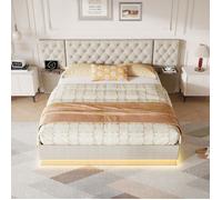 Lit coffre 160x200 cm beige crème capitonné, grande tête de lit, rangement hydraulique, LED RGB, USB Type-C et chevets intégrés