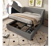 Lit coffre 160x200 cm, cadre de lit rembourré avec appuis-tête larges et couvre-lit amovible, tissu lin, gris