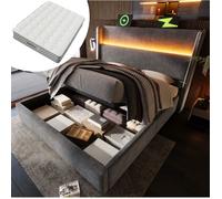 Lit coffre 160x200 cm en lin gris avec tête haute, LED intégrée et station de charge USB/Type-C - Design moderne