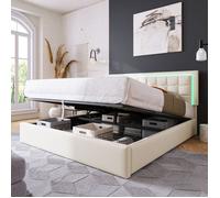 Lit coffre 160x200 cm en simili cuir PU blanc avec tête matelassée et éclairage LED - Design moderne