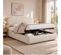 Lit Coffre 160x200 cm - Lit Rembourré en Chenille Beige - Design Nuage -avec Sommier Relevable Hydraulique et Pieds Bois