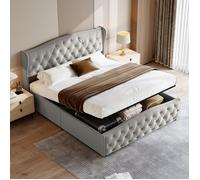 Lit coffre 160x200 cm - TANANT - Lit double capitonné - Tête de lit décorative - Tissu Velours - Gris