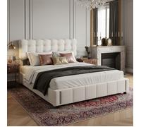 Lit Coffre 160x200 Hydraulique - LED à Détection de Mouvement - Tête de Lit Nuage - Sommier Inclus - Velours - Beige