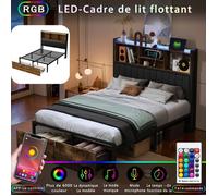 Lit Coffre 160x200, Lit Double avec LED et USB, 2 Tiroirs et Tête de Lit, Lit Capitonné, Lit 2 Personnes, Lit Double Capitonné, PU