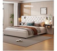 Lit coffre 160x200 Lit double Lit adulte avec 2 tables de chevet flottantes et lampes de lecture et Prises USB - Velours - Beige