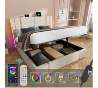 Lit coffre 160x200cm, avec fonction de chargement et LED, lit double rembourré, sommier à lattes en bois, tissu lin, beige