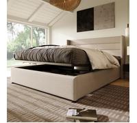 Lit coffre 160x200cm - lit adulte 2 place, cadre en métal, avec sommier à lattes - contemporain - Lin - Beige