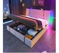 Lit coffre 180×200 cm, lit double LED, avec fonction de charge USB Type C, sommier à lattes en bois, tissu lin, beige