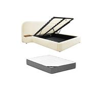 Lit coffre 180 x 200 cm avec chevets - Tissu bouclette - Blanc + Matelas - ESTERIA de Maison Céphy