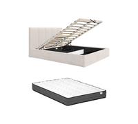 Lit coffre 180 x 200 cm avec tête de lit coutures verticales - Tissu - Beige - Avec matelas - KILACLO