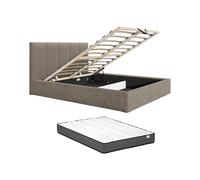 Lit coffre 180 x 200 cm avec tête de lit coutures verticales - Tissu - Taupe - Avec matelas - KILACLO