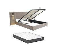 Lit coffre 180 x 200 cm avec tête de lit et lampe intégrée - Velours - Taupe + Matelas - SARETO