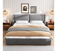 Lit Coffre 180 x 200 cm,lit 2 Personnes 180 x 200,Cadre de lit Double avec sommier à Lattes,Forme d'oreille,tête de lit avec Oreiller,Fonctionnel hydraulique,Gris