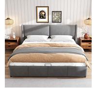 Lit coffre - 180 x 200 cm - Sommier relevable - Tête de lit haute - Tissu velours gris