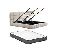 Lit coffre 180 x 200 cm - Tissu bouclette - Beige + Matelas - FORIOSY