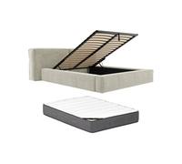 Lit coffre 180 x 200 cm - Tissu bouclette - Beige + Matelas - TIMANO de Pascal Morabito