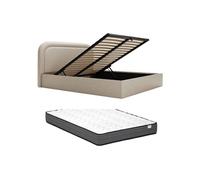 Lit coffre 180 x 200 cm - Tissu chiné - Beige + Matelas - FIREZA