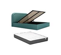 Lit coffre 180 x 200 cm - Tissu chiné - Bleu canard + Matelas - FIREZA