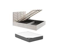 Vente-unique - Lit Coffre 180 x 200 cm - Tissu texturé - Créme + Matelas - JUSTANI