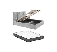 Lit coffre 180 x 200 cm - Tissu texturé - Gris + Matelas - JUSTANI
