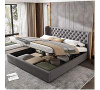 Lit coffre 180 x 200 cm velours gris capitonné Chesterfield, tête 99 cm, sommier inclus