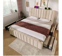 Lit coffre 180x200, 4 tiroirs coulissants lit double, sommier inclus, revêtement lin beige, ports USB, structure métal robuste