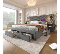 Lit coffre 180x200, 4 tiroirs rangement lit double, revêtement velours, ports USB Type-C, lampe lecture intégrée