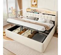 lit coffre 180x200 avec LED et ports de recharge USB et USB-C,Lit Double Rembourré avec Rangement hydraulique,housse en velours, espace de rangement dans le dossier,base métallique,Sommier à Lattes