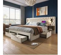 Lit coffre 180x200 beige, tête de lit rembourrée avec liseuses, ports USB et chevets intégrés