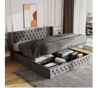 Lit coffre 180x200 cm avec sommier lattes, coffre de rangement, double range de rivets, tissu en velours, gris