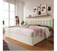 Lit coffre 180x200 cm en similicuir PU blanc avec éclairage LED, coffre hydraulique et lattes en pin - Design matelassé